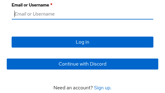The Authentik sign-in form, with the Continue with Discord button below an Email or Username box