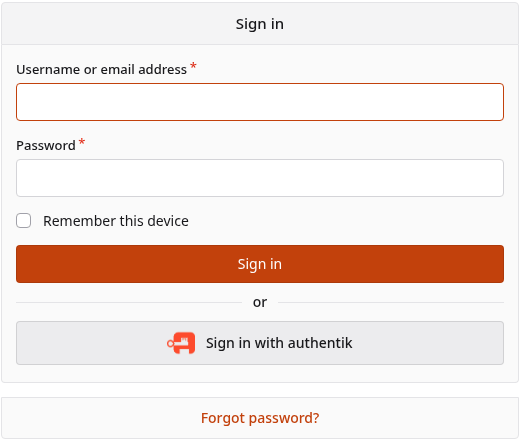 The Forgejo sign-in page: Username or email address, Password, a Sign in button, and a Sign in with authentik button below an or divider