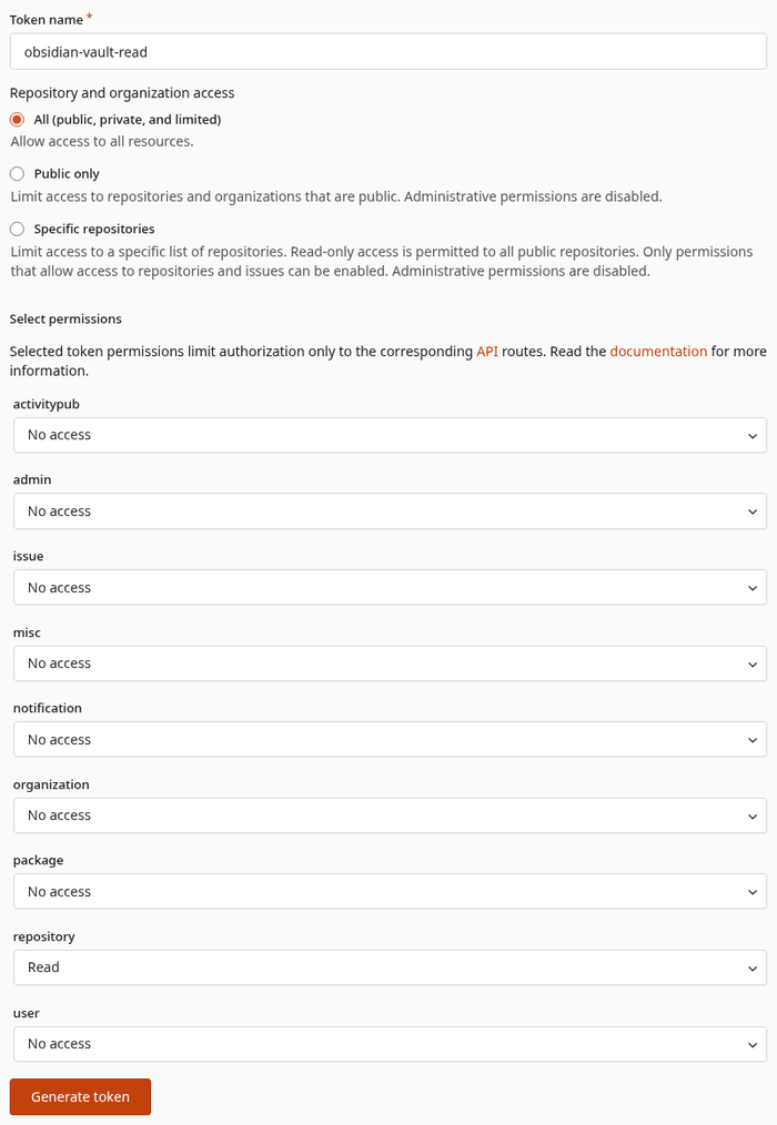 The Generate new token page filled in: Token name obsidian-vault-read, All (public, private, and limited) selected, and the repository permission set to Read