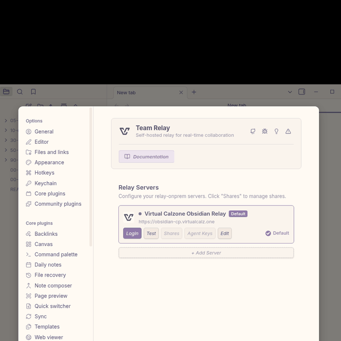The relay settings pane, titled Team Relay, listing Virtual Calzone Obsidian Relay as the default server with a Login button